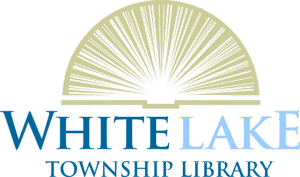 White Lake Township Library logo. Tan book laying open with pages fanned out and White Lake Township Library in shades of blue text below.