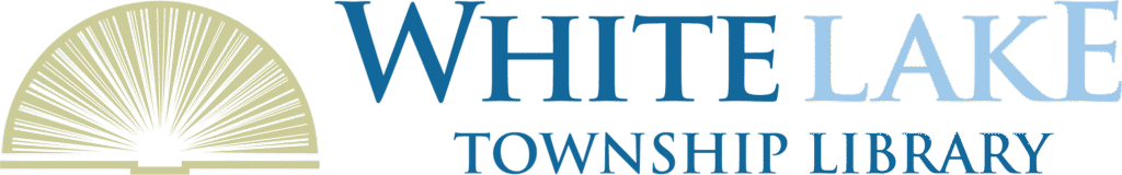 White Lake Township Library logo. Tan book laying open with pages fanned out and White Lake Township Library in shades of blue text on the right side.
