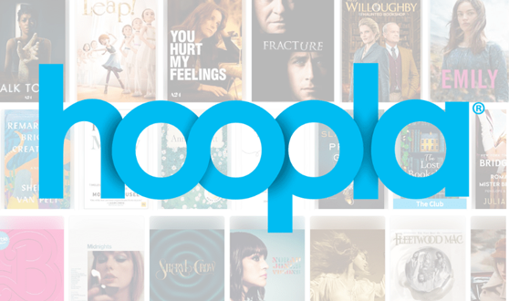 Background of various book and movie covers and bright blue text: hoopla