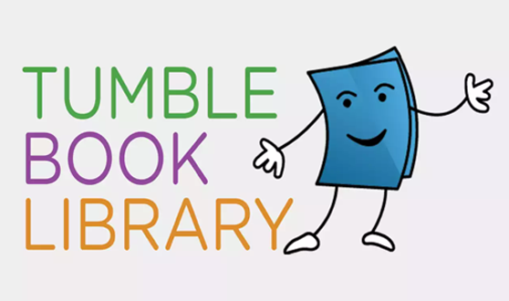 Small cartoon image of blue book with text: Tumble Book Library