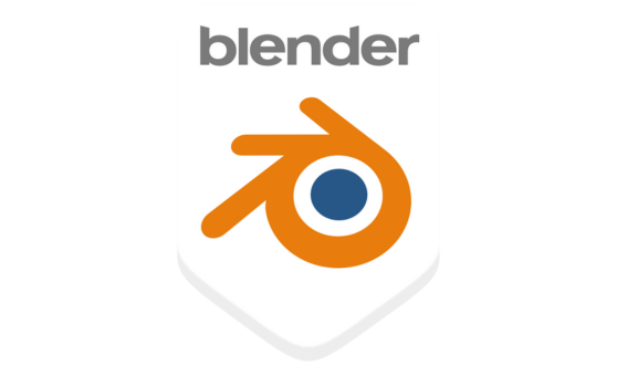 Orange circle with three lines and a small dark blue circle inside with a shadow chevron below and gray text above reading blender