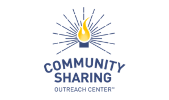 Yellow candle flame with dark blue rays and text Community Sharing Outreach Center
