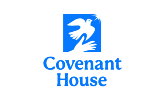 Blue square with a white dove taking off from a hand and text Covenant House