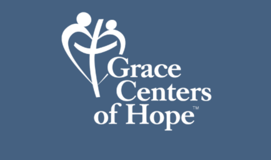 Blue background and white image of two people in a heart shape surrounding a cross and text Grace Centers of Hope