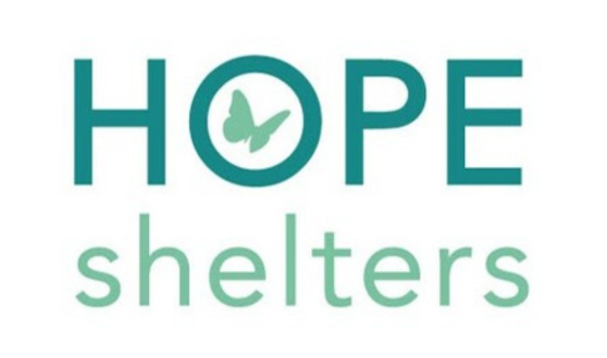 Green text reading HOPE shelters with a green butterfly inside the O