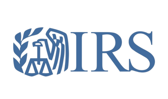 Blue eagle with scales and olive branch and text IRS