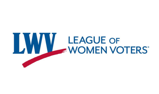 Blue capital LWV with red paint swash across lower right and text League of Women Voters