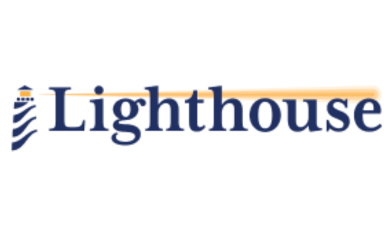 Blue and yellow lighthouse and text Lighthouse