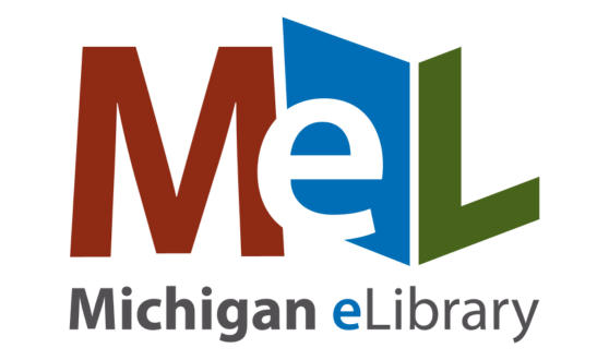 Red capital letter M, lowercase white E on a blue book background, and green capital letter L with text Michigan eLibrary