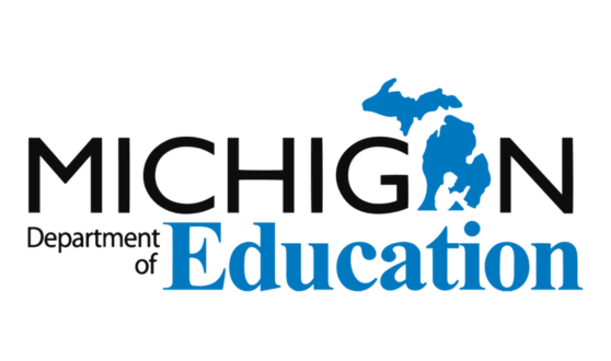 Blue map of Michigan with a silhouette of a reading child and text Michigan Department of Education