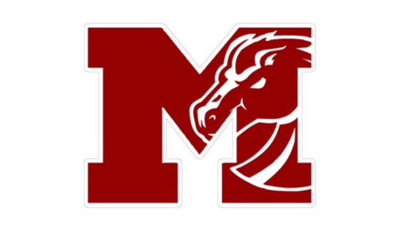 Red capital M with a white horse's head design