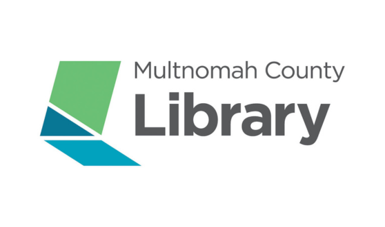 Green and blue chevron and text Multnomah County Library
