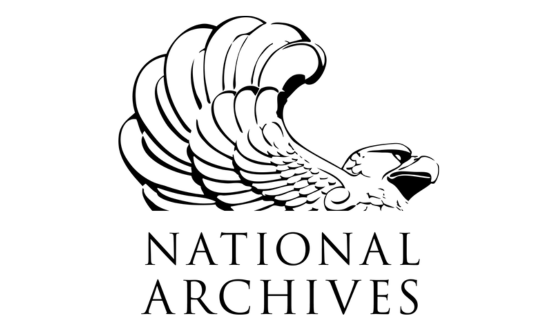 Black outline of an eagle and text National Archives