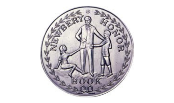 Silver stamp featuring a man standing between a boy and a girl and text Newbery Honor Book