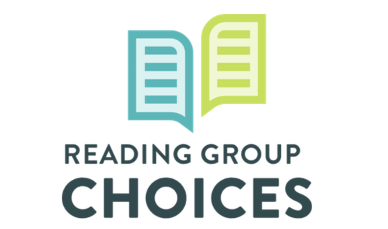 Blue and green book pages and text Reading Group Choices