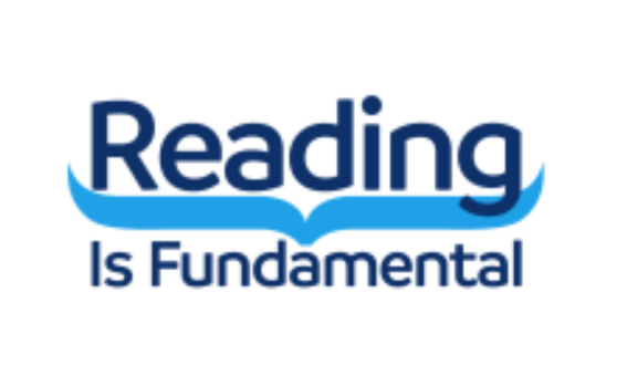 Blue open book with text Reading is Fundamental