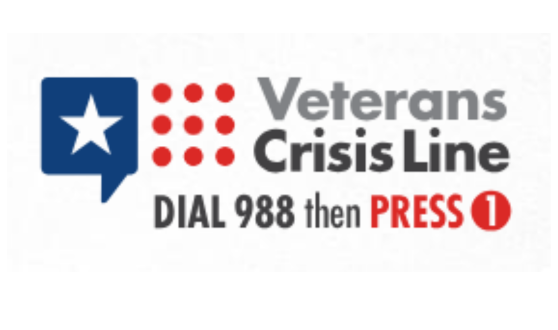 Blue chat bubble with a white star and red dots beside it and text Veterans Crisis Line Dial 988 then press 1