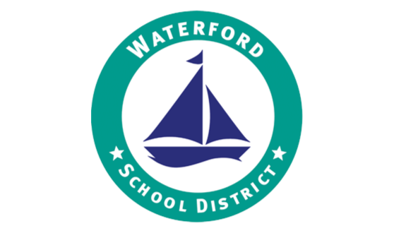 Dark blue sailboat in teal circle with text Waterford School District