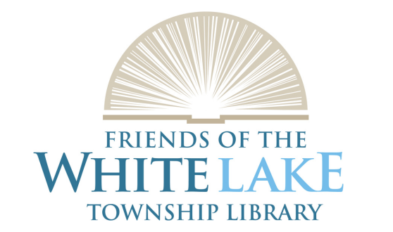 Friends of the White Lake Township Library logo. Tan book laying open with pages fanned out and Friends of the White Lake Township Library in shades of blue text below.