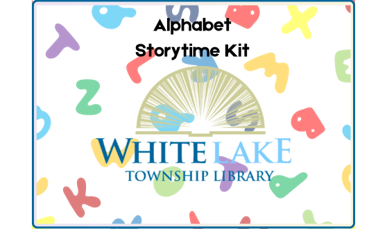 Alphabet Storytime Kit card featuring the library logo and cartoon letters background