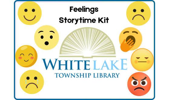 Feelings Storytime Kit card featuring the library logo and cartoon emojis with various expressions