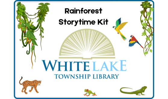 Rainforest Storytime Kit card featuring the library logo and cartoon vines, parrots, lizards, frog, and leopard