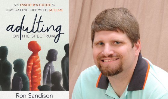 Author Ron Sandison, a white man with brown hair and a short beard, and book cover Adulting on the Spectrum featuring a single orange figure in a group of dark gray ones