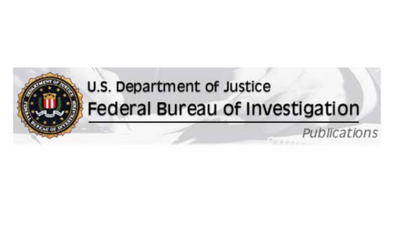 The image shows the FBI logo and text reading "U.S. Department of Justice Federal Bureau of Investigation Publications" on a gray background.