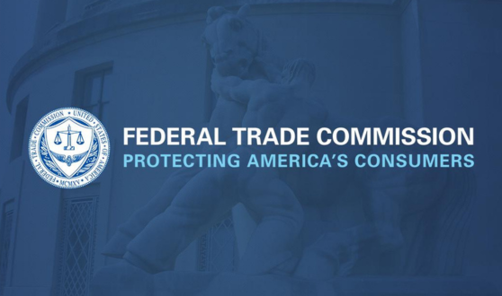 The image shows the Federal Trade Commission seal and text, "Protecting America's Consumers," over a blue-toned sculpture backdrop, conveying authority.