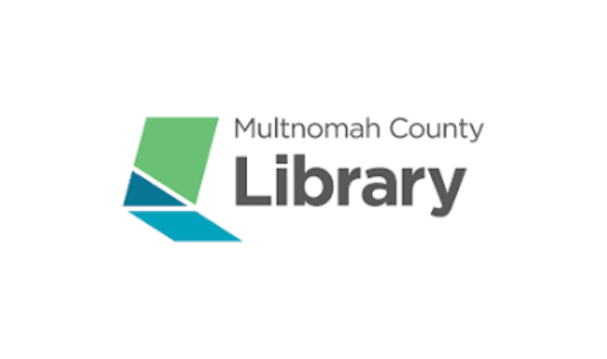 Logo of Multnomah County Library featuring a stylized, abstract book in green and teal alongside the library's name in gray text. Modern and clean design.