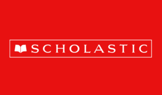 Red background with the word "Scholastic" in white uppercase letters centered. A white open book icon is placed to the left of the text, conveying education.