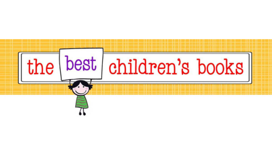 A playful banner with a yellow checkered background reads "the best children's books" in colorful text. A smiling stick figure child stands below, conveying cheerfulness.