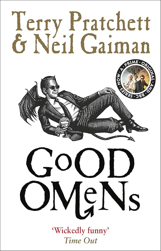 Cover of Good Omens by Terry Pratchett and Neil Gaiman featuring a person in a suit with horns and wings and a tail holding a cup.