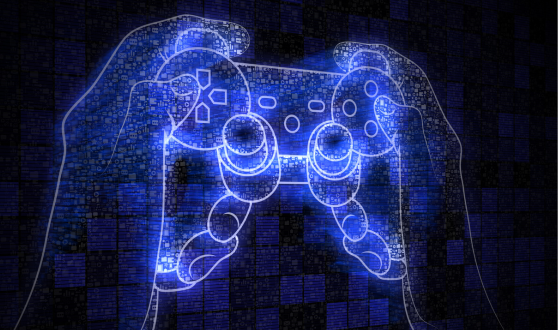 Blue light wireframe outline of hands holding a video game controller