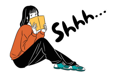 Girl sitting holding a book in front of her mouth and text shhhhh...