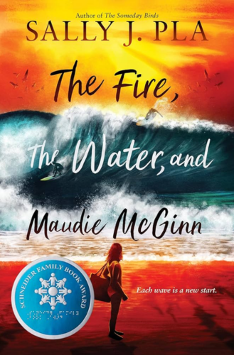 Cover of the fire the water and Maudie McGinn featuring a girl standing in front of a large wave