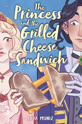 Two people in regency clothes sharing a grilled cheese sandwich