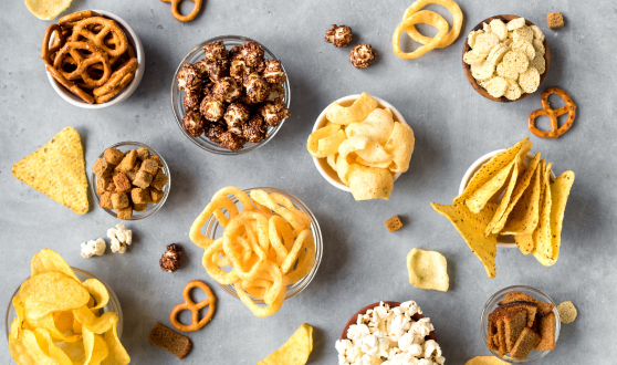 Various snacks in bowls