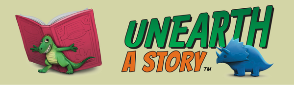 Text Unearth A Story and illustration of blue triceratops and green t-rex holding up a book