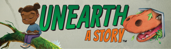 Text Unearth A Story and illustration of girl with a book sitting on a branch with a dinosaur emerging from a book behind her