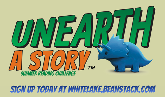 Text Unearth A Story Summer Reading Challenge sign up today at whitelake.beanstack.com and illustration of blue dinosaur