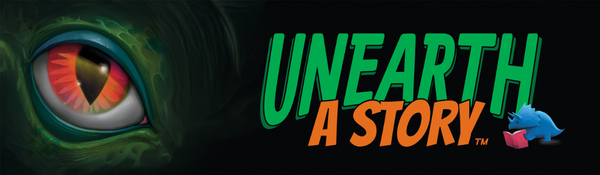 Text Unearth a Story with illustration of a dinosaur eye and a small blue triceratops with a book