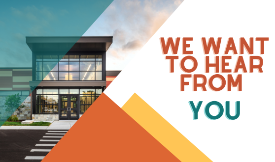 Exterior image of Library building with text We want to hear from you