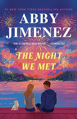Illustration of a man, woman, and a dog watching fireworks from a dock