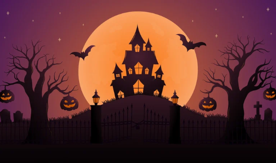 Illustration of a haunted house with a large moon behind it and bats flying around