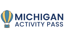Yellow and blue hot air balloon with text Michigan Activity Pass