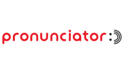 Red text reading pronunciator with a small smiley face