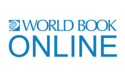 Blue image of a globe projection and text World Book Online