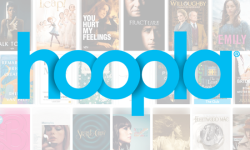 Background of various book and movie covers and bright blue text: hoopla
