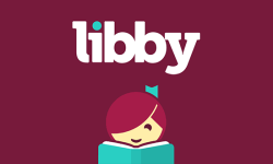 Burgundy background with small stylized image of a girl reading a book and text: libby